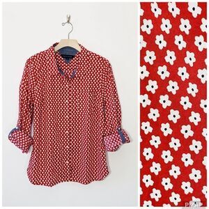 Tommy Hilfiger 3X Scarlet Red White Ditsy Floral Chambray Trim Tab Sleeve Shirt